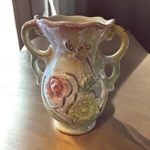 Lusterware Vase Made In BRAZIL Handles Raised Flowers 5" Colorful